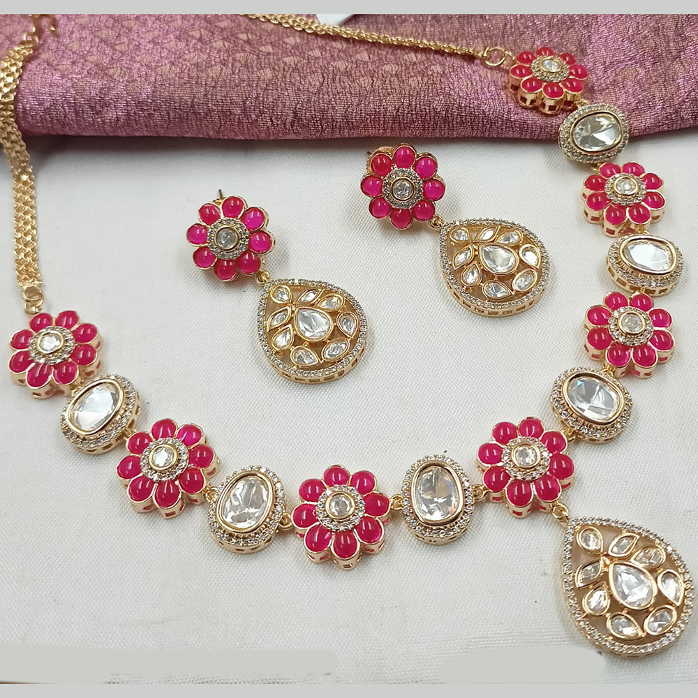 NAFJ Gold Plated Polki Kundan Stone Necklace Set