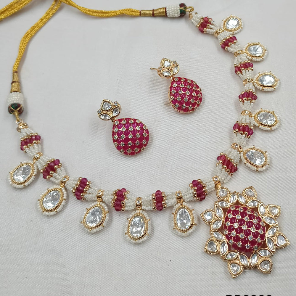 NAFJ Gold Plated Polki Kundan Stone Necklace Set