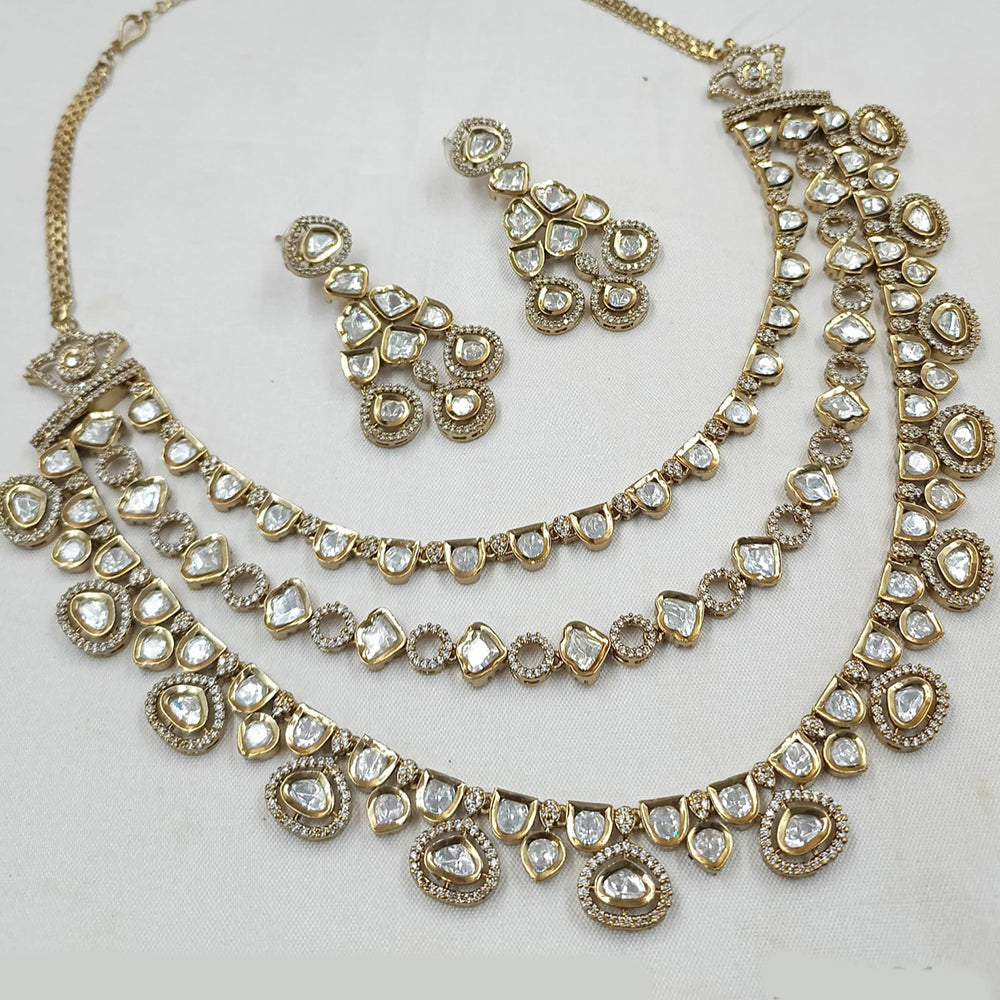NAFJ Gold Plated Polki Kundan Stone Necklace Set