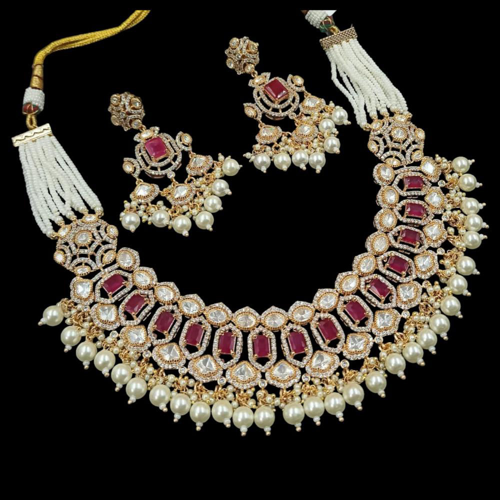 NAFJ Gold Plated Polki Kundan And Pearl Necklace Set