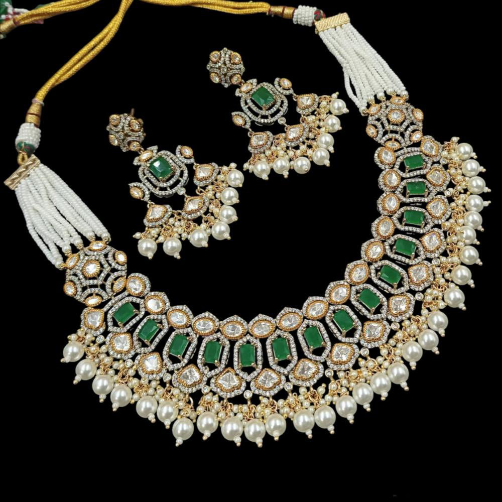 NAFJ Gold Plated Polki Kundan And Pearl Necklace Set