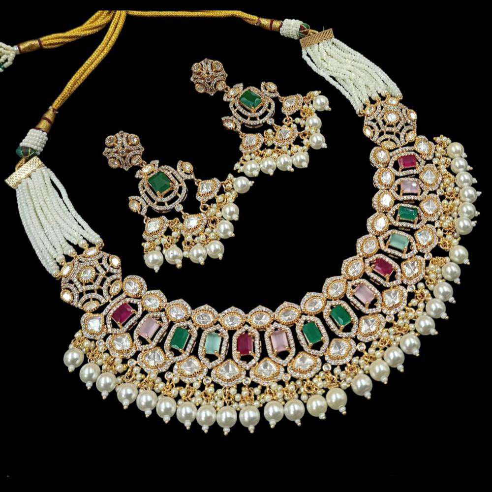 NAFJ Gold Plated Polki Kundan And Pearl Necklace Set