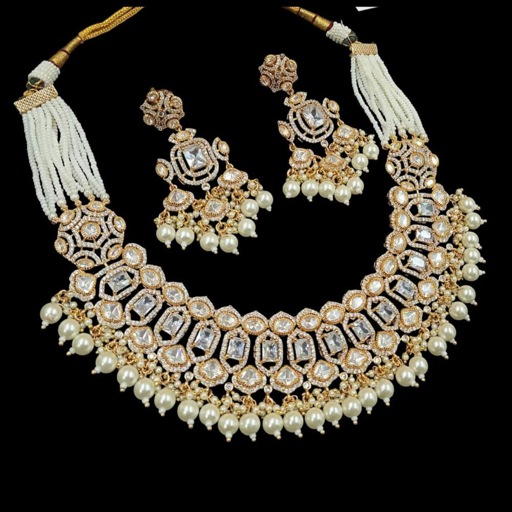 NAFJ Gold Plated Polki Kundan And Pearl Necklace Set
