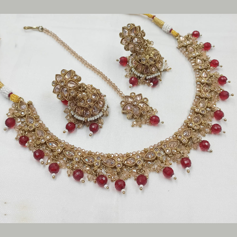 NAFJ Gold Plated Crystal Stone And Beads Necklace Set
