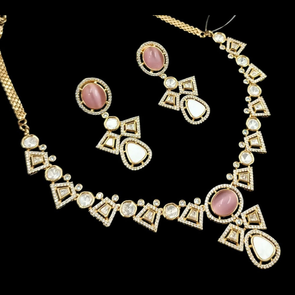 NAFJ Gold Plated Polki Kundan Stone Necklace Set
