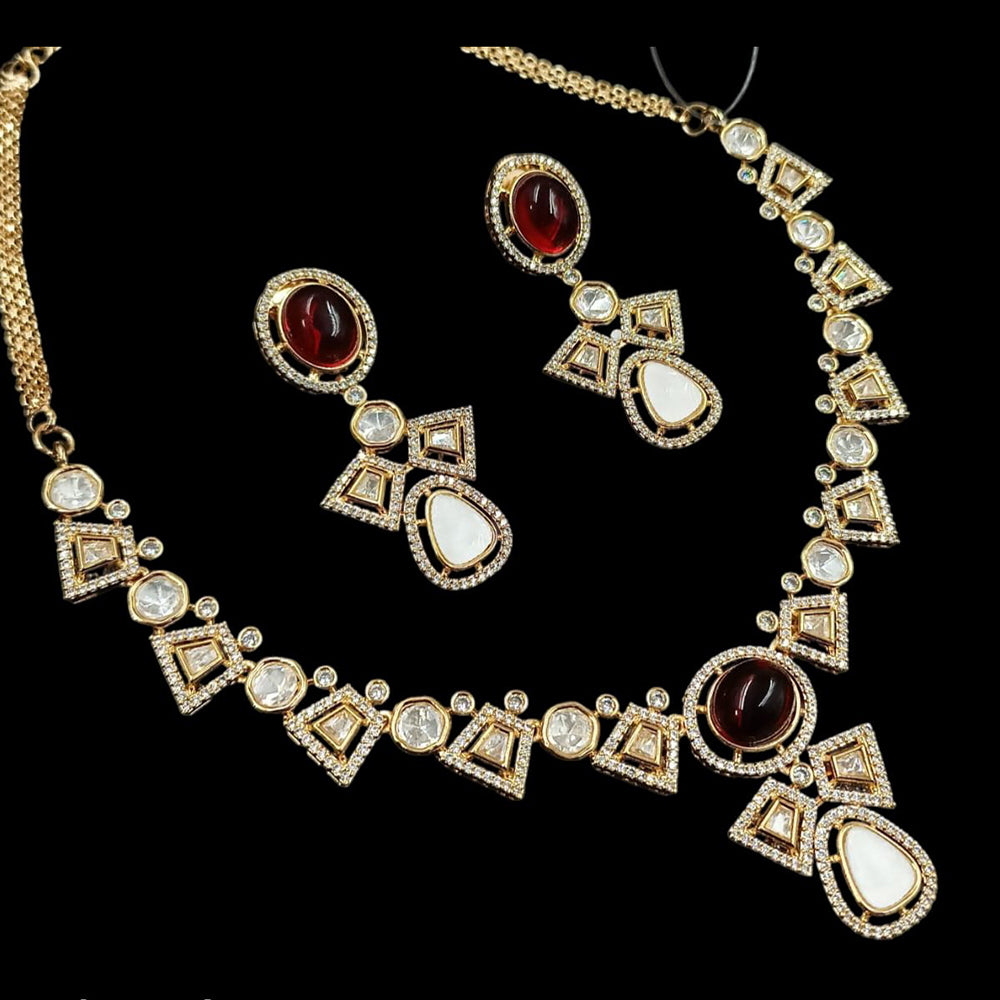 NAFJ Gold Plated Polki Kundan Stone Necklace Set