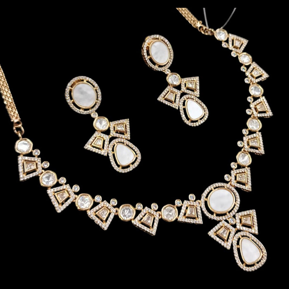 NAFJ Gold Plated Polki Kundan Stone Necklace Set