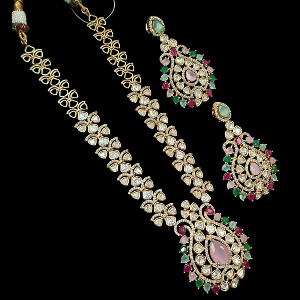 NAFJ Gold Plated Polki Kundan Stone Necklace Set