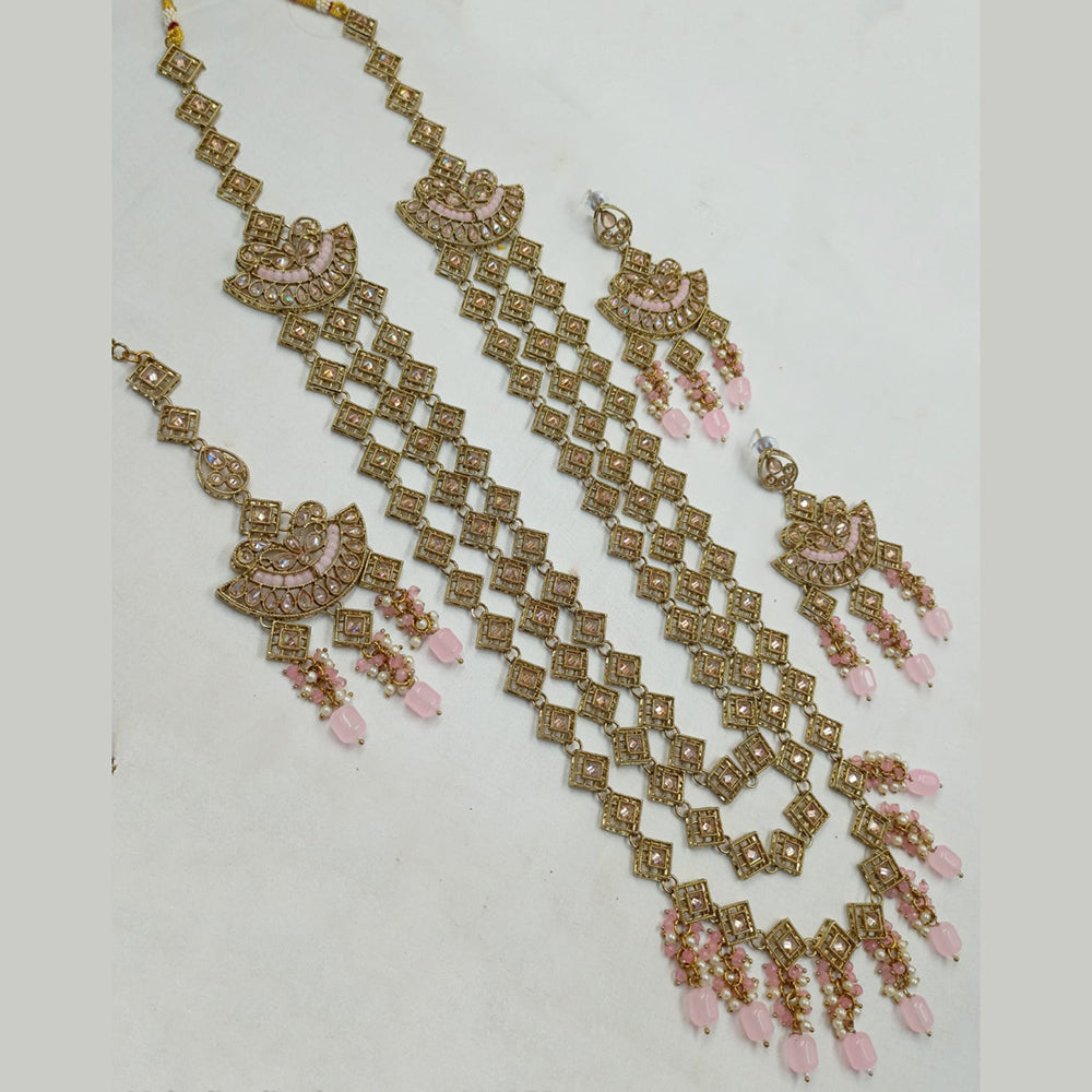 NAFJ Gold Plated Crystal Stone And Beads Long Necklace Set
