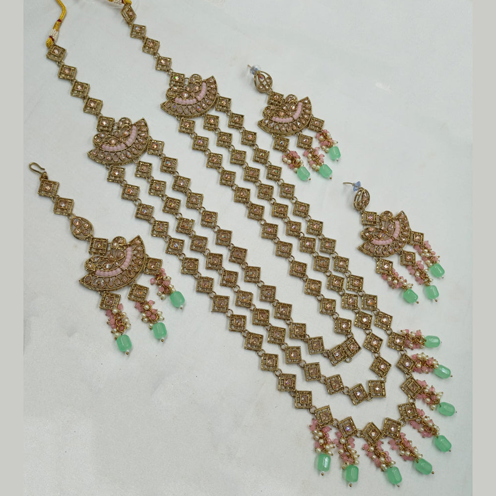 NAFJ Gold Plated Crystal Stone And Beads Long Necklace Set