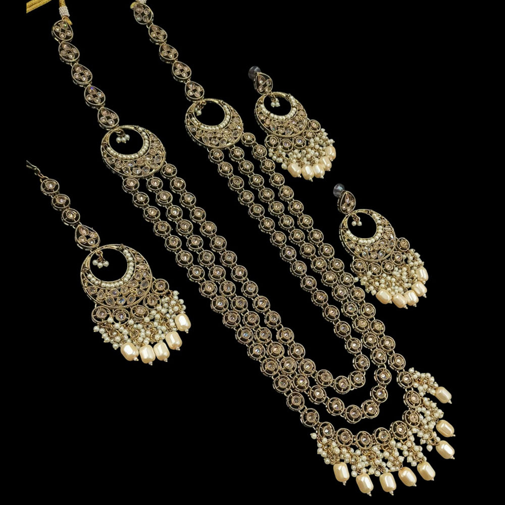 NAFJ Gold Plated Crystal Stone And Beads Long Necklace Set