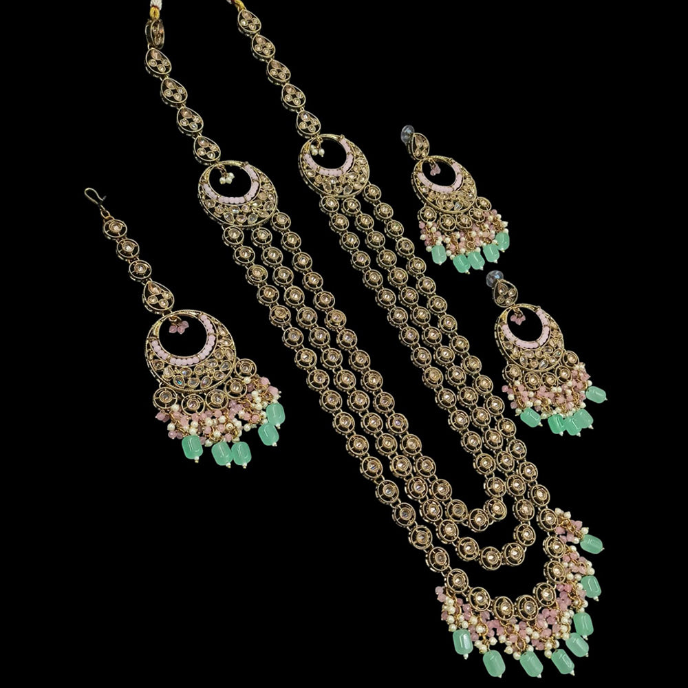 NAFJ Gold Plated Crystal Stone And Beads Long Necklace Set