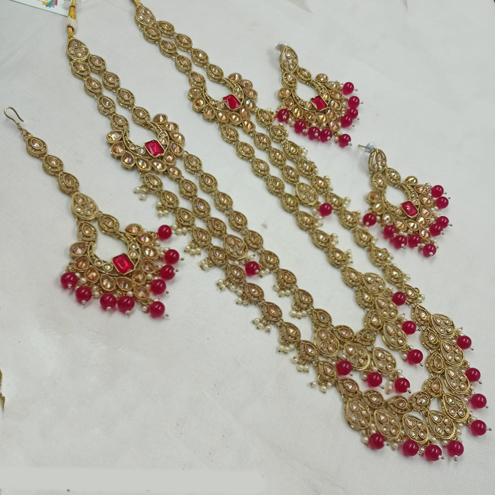 NAFJ Gold Plated Crystal Stone And Beads Long Necklace Set