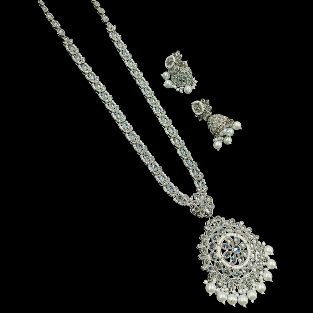NAFJ Silver Plated Crystal Stone And Beads Long Necklace Set