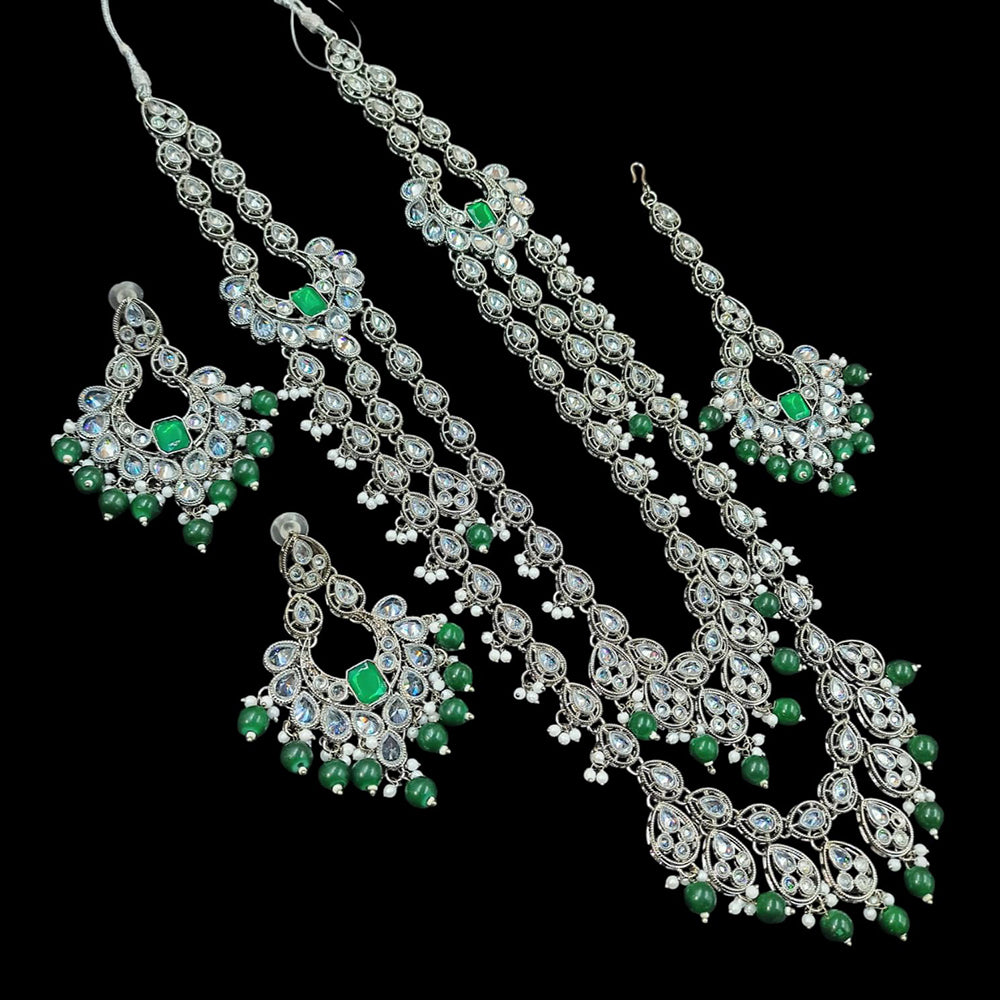 NAFJ Silver Plated Crystal Stone And Beads Long Necklace Set