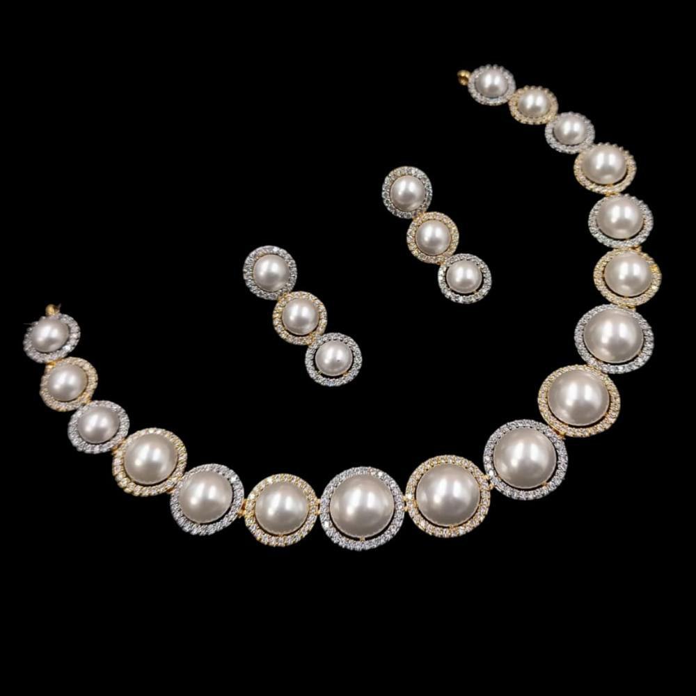 NAFJ Elegant 2 Tone Plated Austrian Stone And Pearl Necklace Set