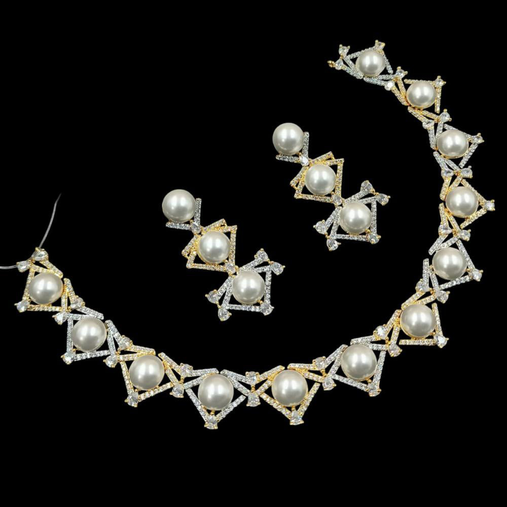 NAFJ Elegant 2 Tone Plated Austrian Stone And Pearl Necklace Set