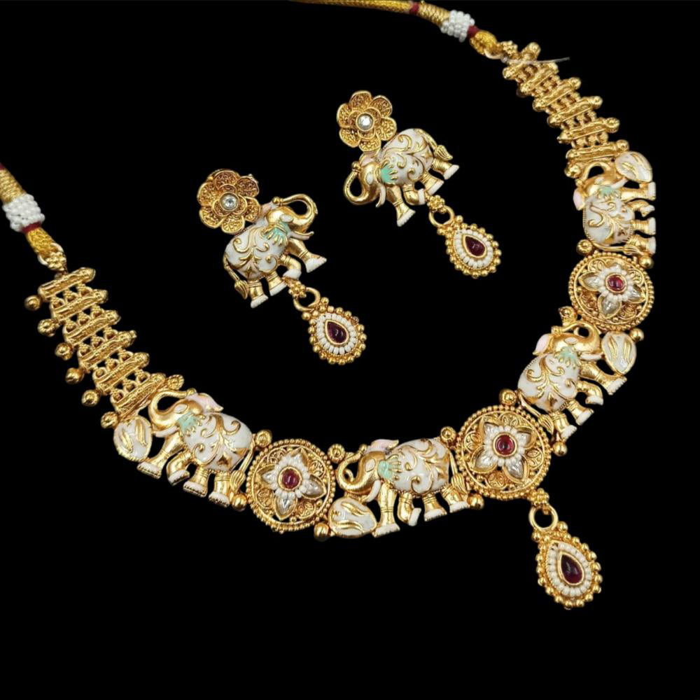 NAFJ Designer Gold Polish Pota Stone And Pearl Meenakari Work Necklace Set