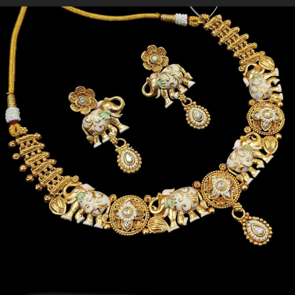 NAFJ Designer Gold Polish Pota Stone And Pearl Meenakari Work Necklace Set