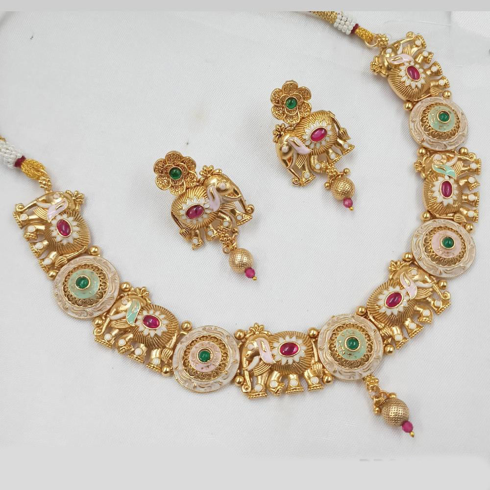 NAFJ Designer Gold Polish Pota Stone And Pearl Meenakari Work Necklace Set