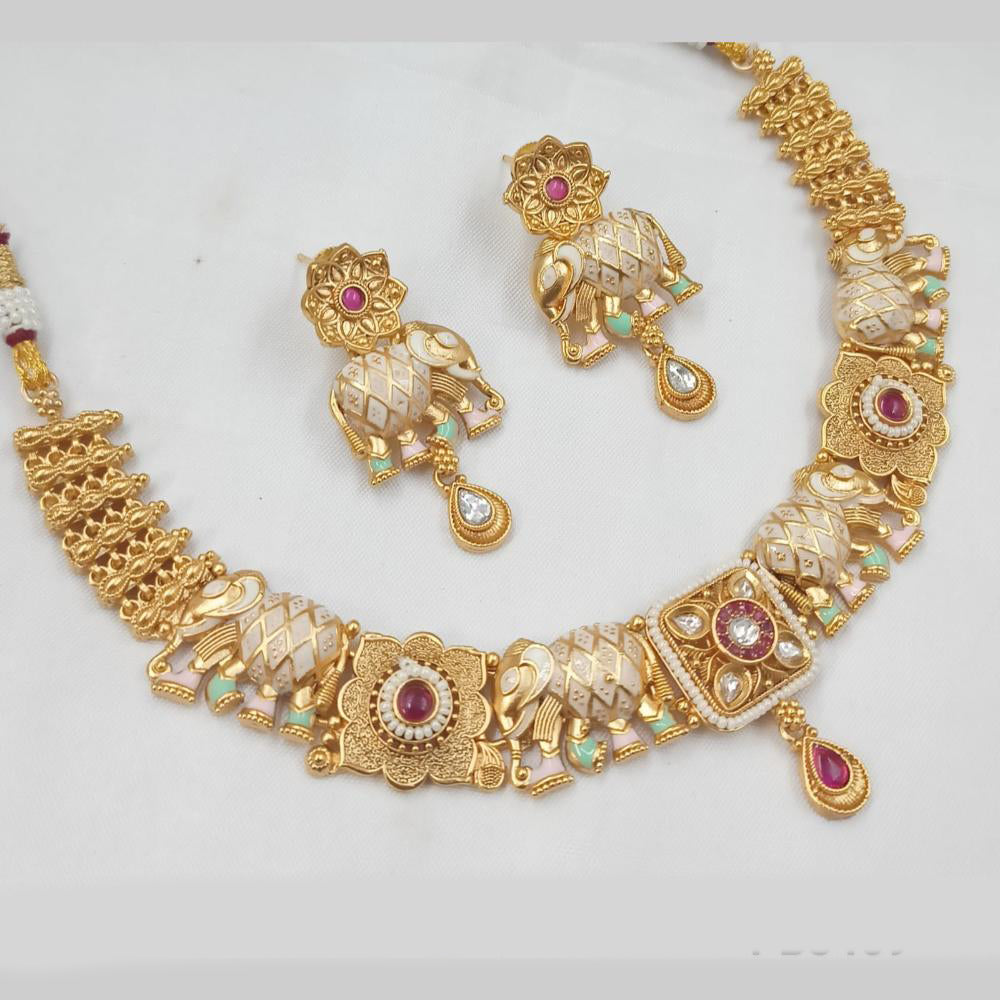 NAFJ Designer Gold Polish Pota Stone And Pearl Meenakari Work Necklace Set