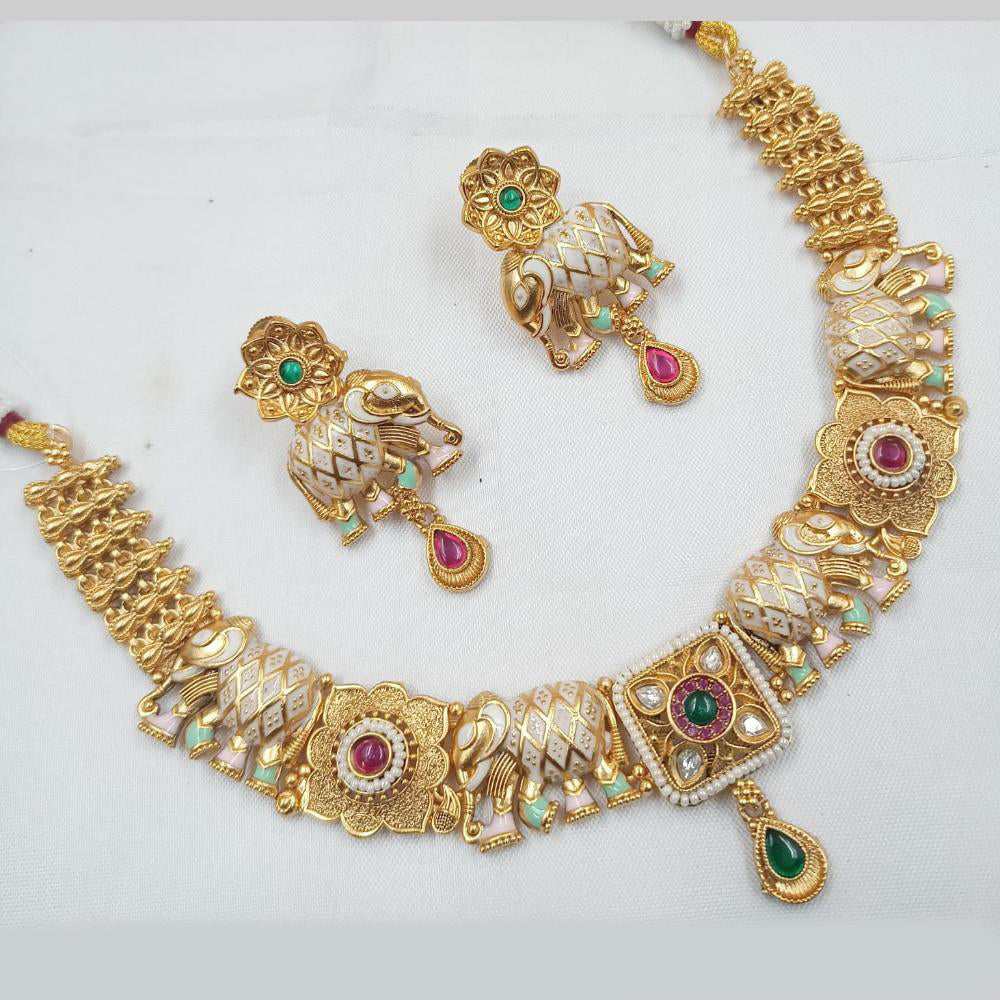 NAFJ Designer Gold Polish Pota Stone And Pearl Meenakari Work Necklace Set