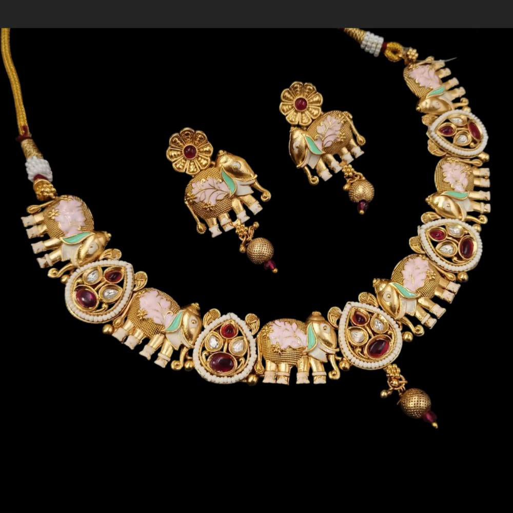 NAFJ Designer Gold Polish Pota Stone And Pearl Meenakari Work Necklace Set