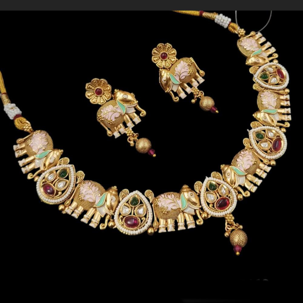 NAFJ Designer Gold Polish Pota Stone And Pearl Meenakari Work Necklace Set
