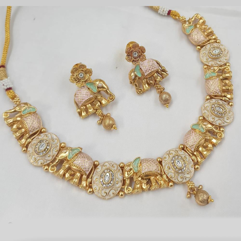 NAFJ Designer Gold Polish Pota Stone And Pearl Meenakari Work Necklace Set