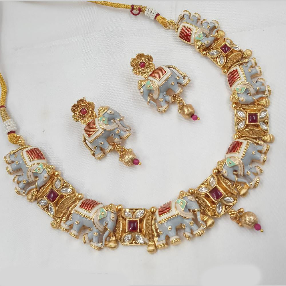 NAFJ Designer Gold Polish Pota Stone And Pearl Meenakari Work Necklace Set