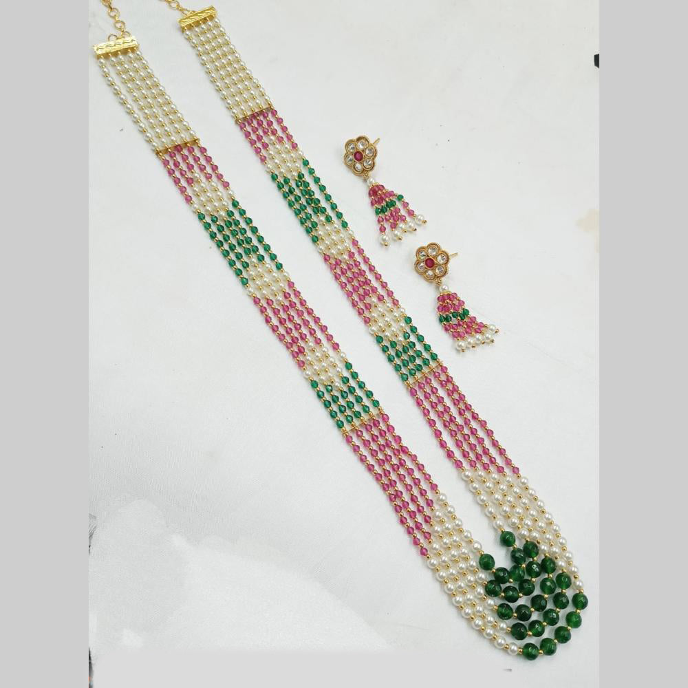 NAFJ Elegant Gold Plated Beads and Pearl Multi Layered Long Necklace Set