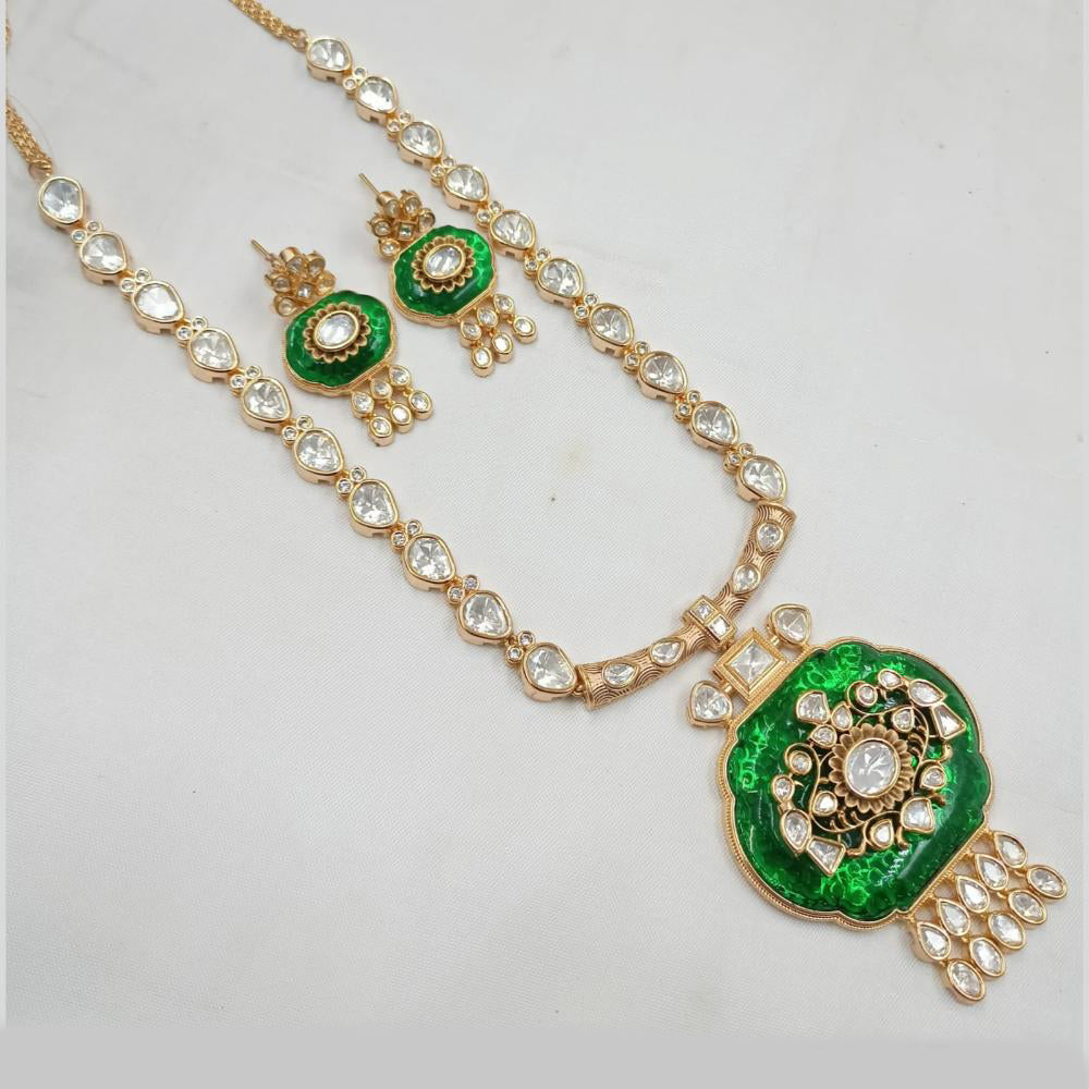 NAFJ Designer Gold Plated Polki Kundan Ethnic Jewelry for Brides Long Necklace Set