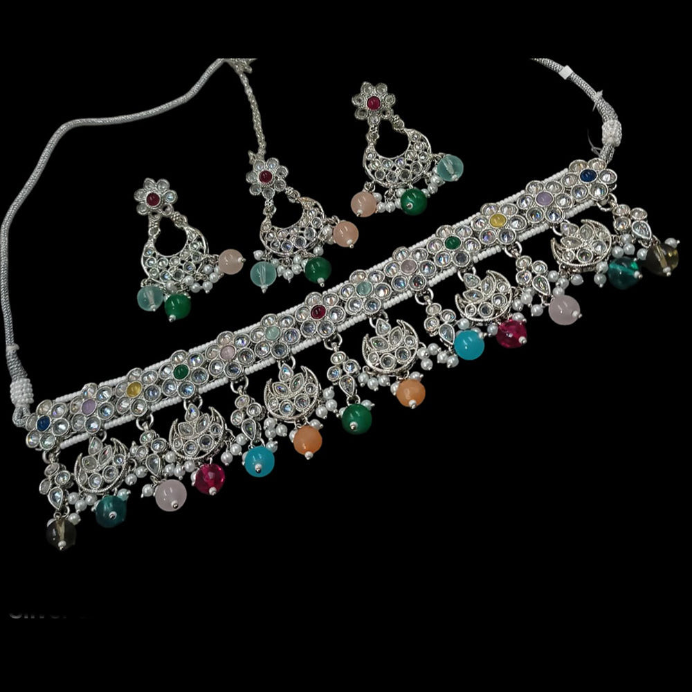 NAFJ Silver Plated Crystal & Pearl Graceful Charm for Every Occasion Choker Necklace Set