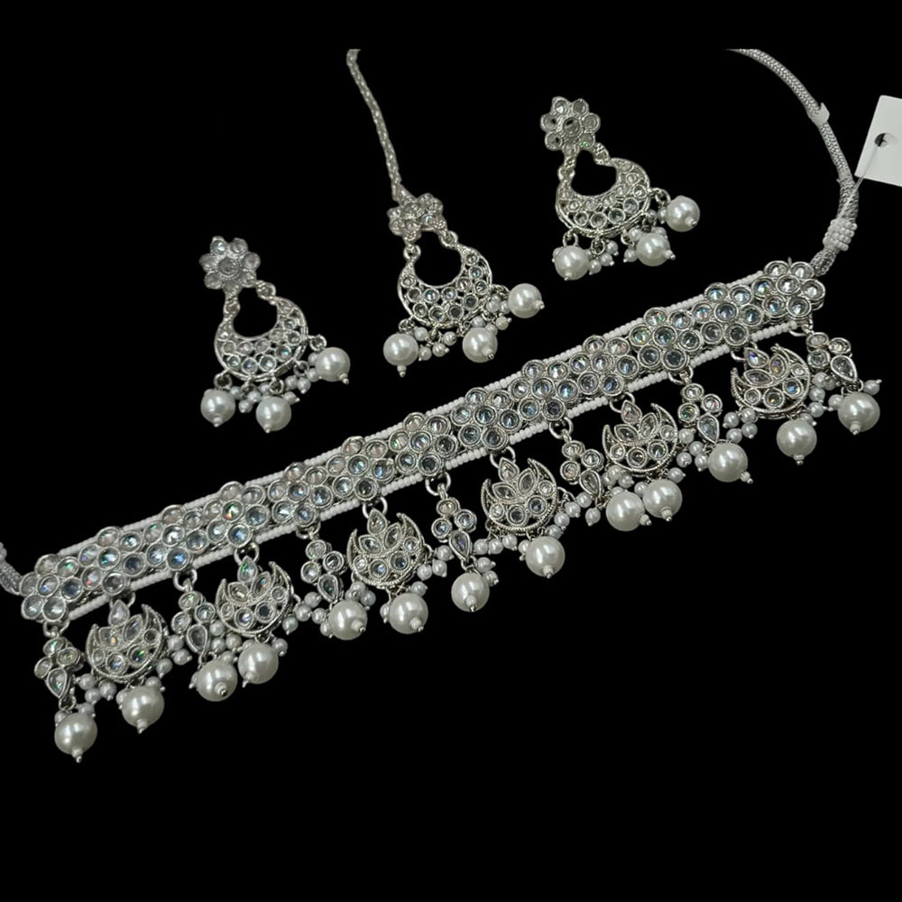 NAFJ Silver Plated Crystal & Pearl Graceful Charm for Every Occasion Choker Necklace Set