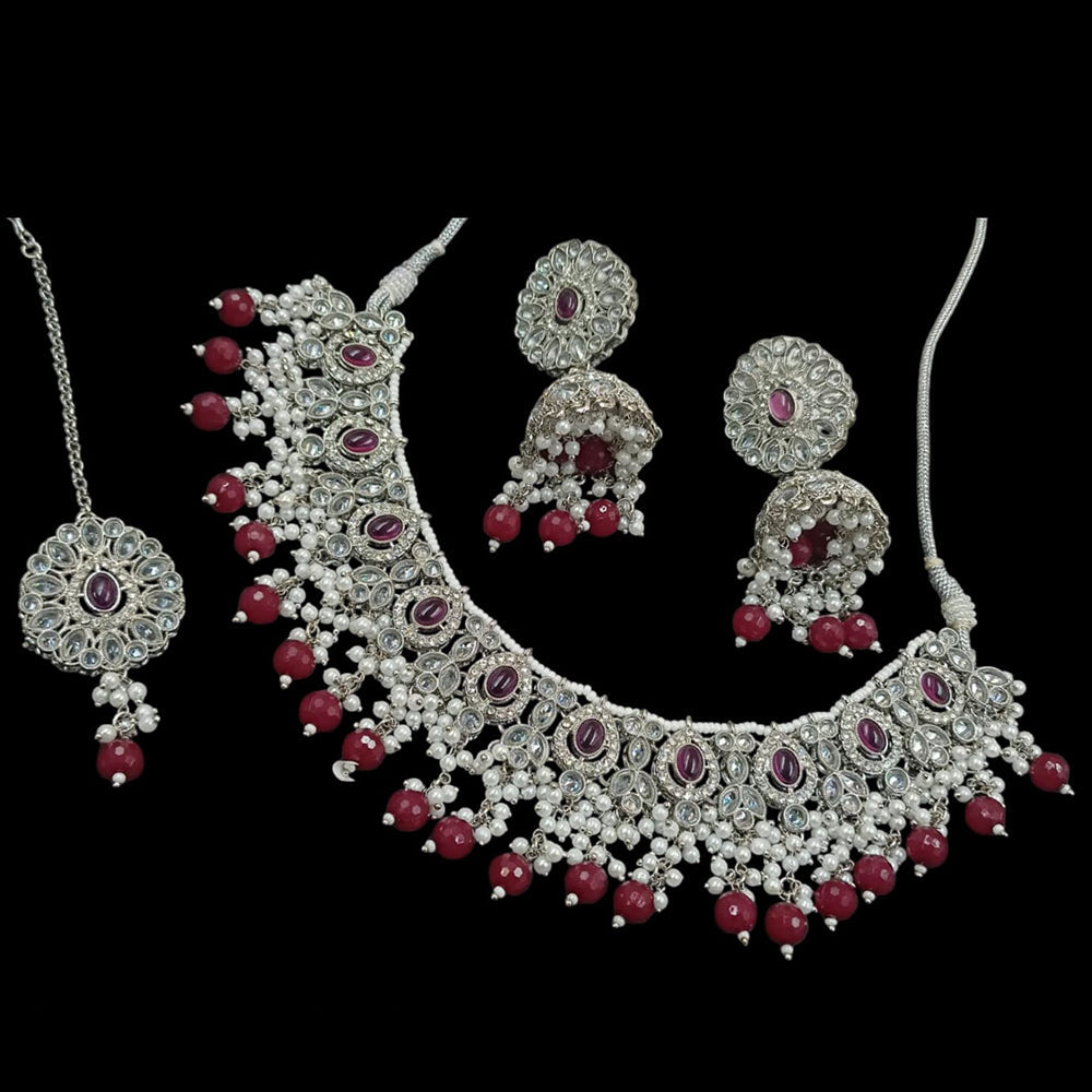 NAFJ Silver Plated Crystal & Pearl Graceful Charm for Every Occasion Choker Necklace Set