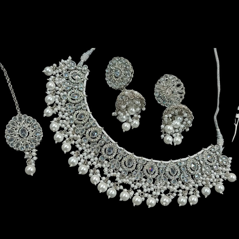 NAFJ Silver Plated Crystal & Pearl Graceful Charm for Every Occasion Choker Necklace Set