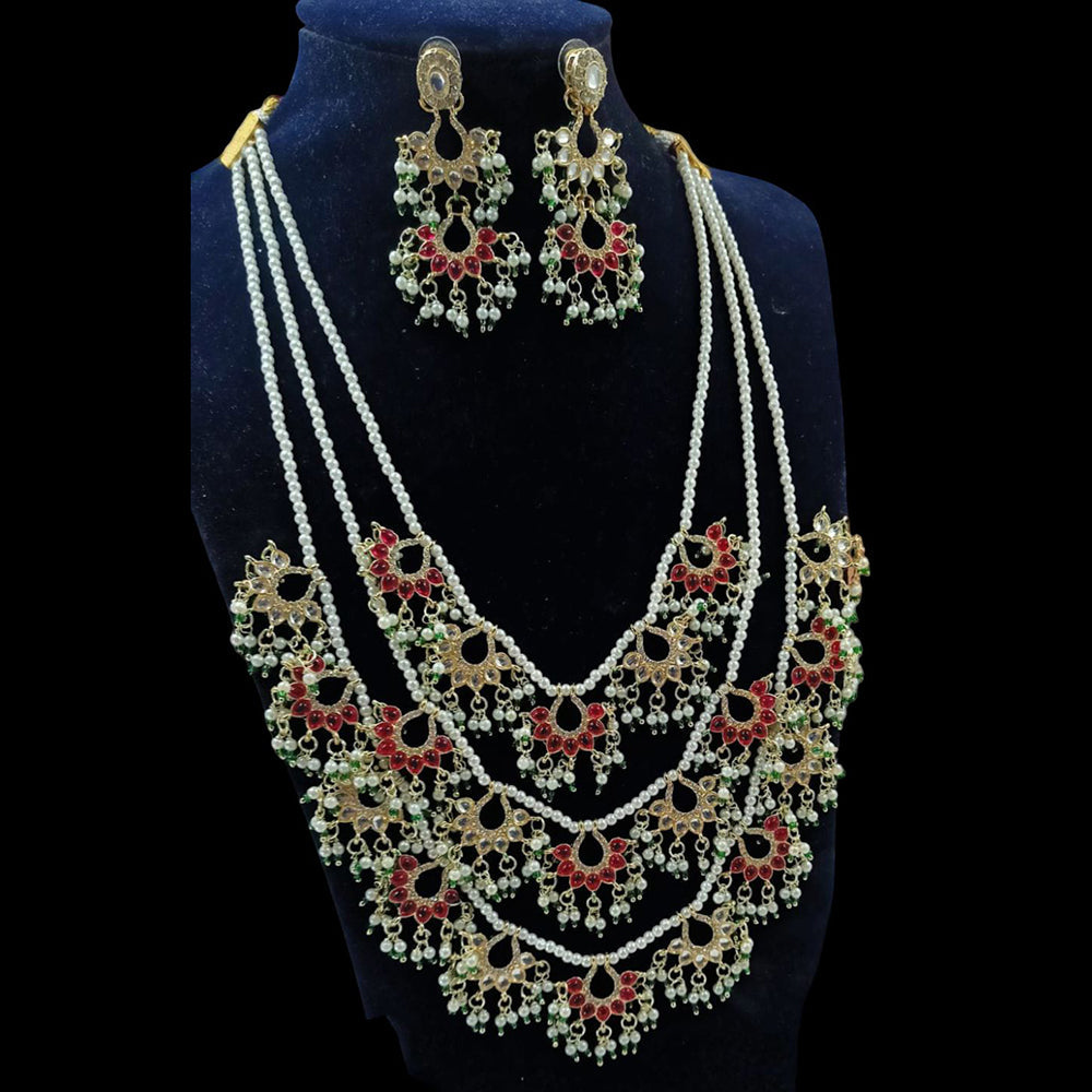 NAFJ Gold Plated Kundan Stone And Pearl Multi Layer Long Necklace Set