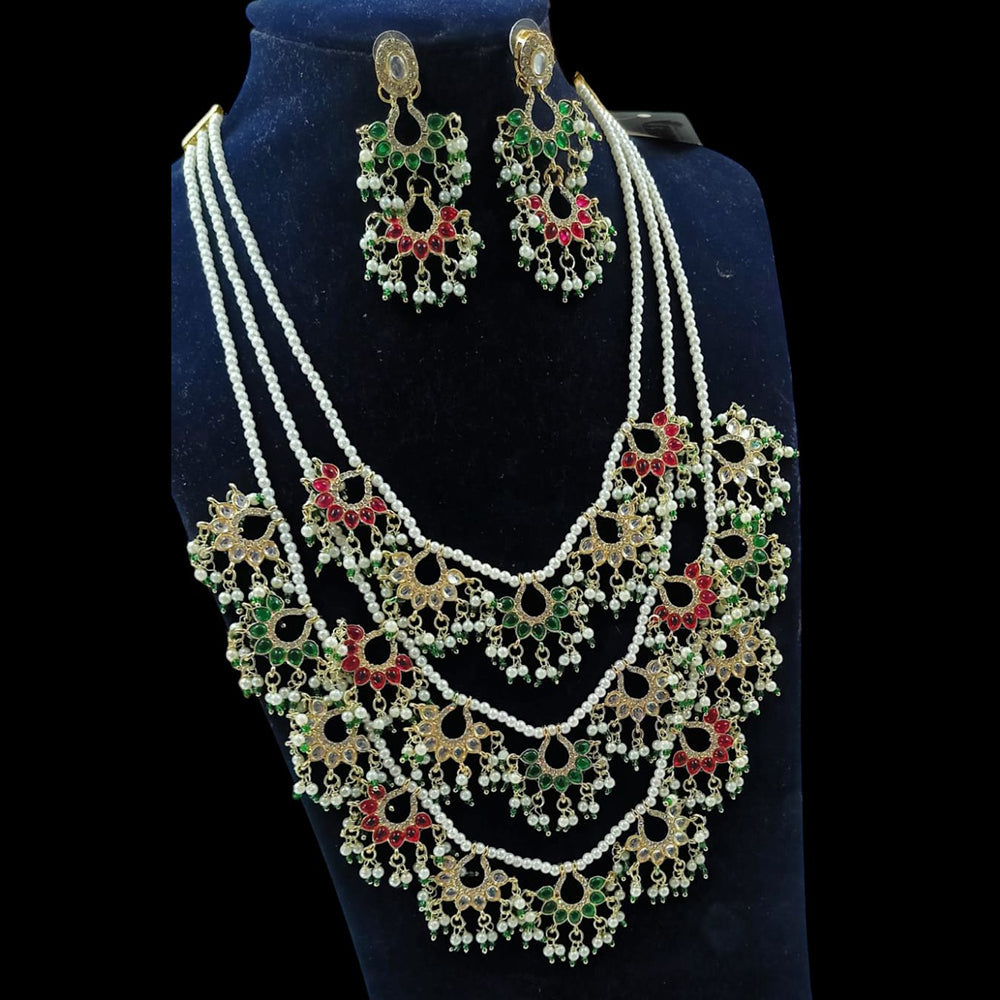 NAFJ Gold Plated Kundan Stone And Pearl Multi Layer Long Necklace Set