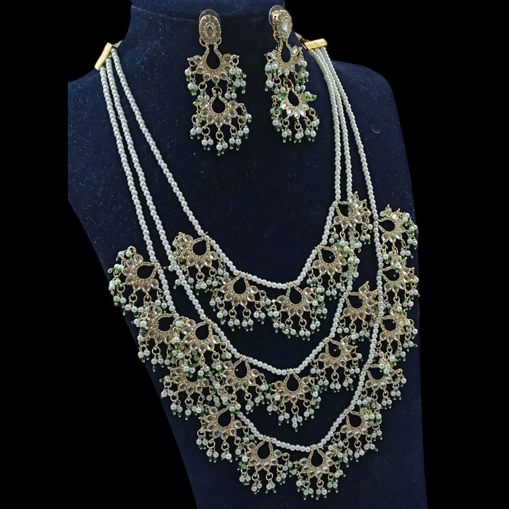 NAFJ Gold Plated Kundan Stone And Pearl Multi Layer Long Necklace Set