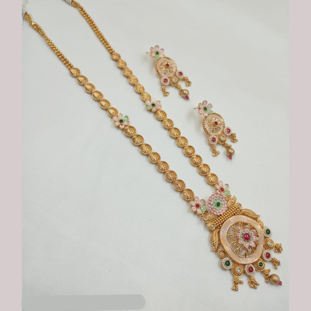 NAFJ Gold Plated Pota Stone And Meenakari Long Necklace Set