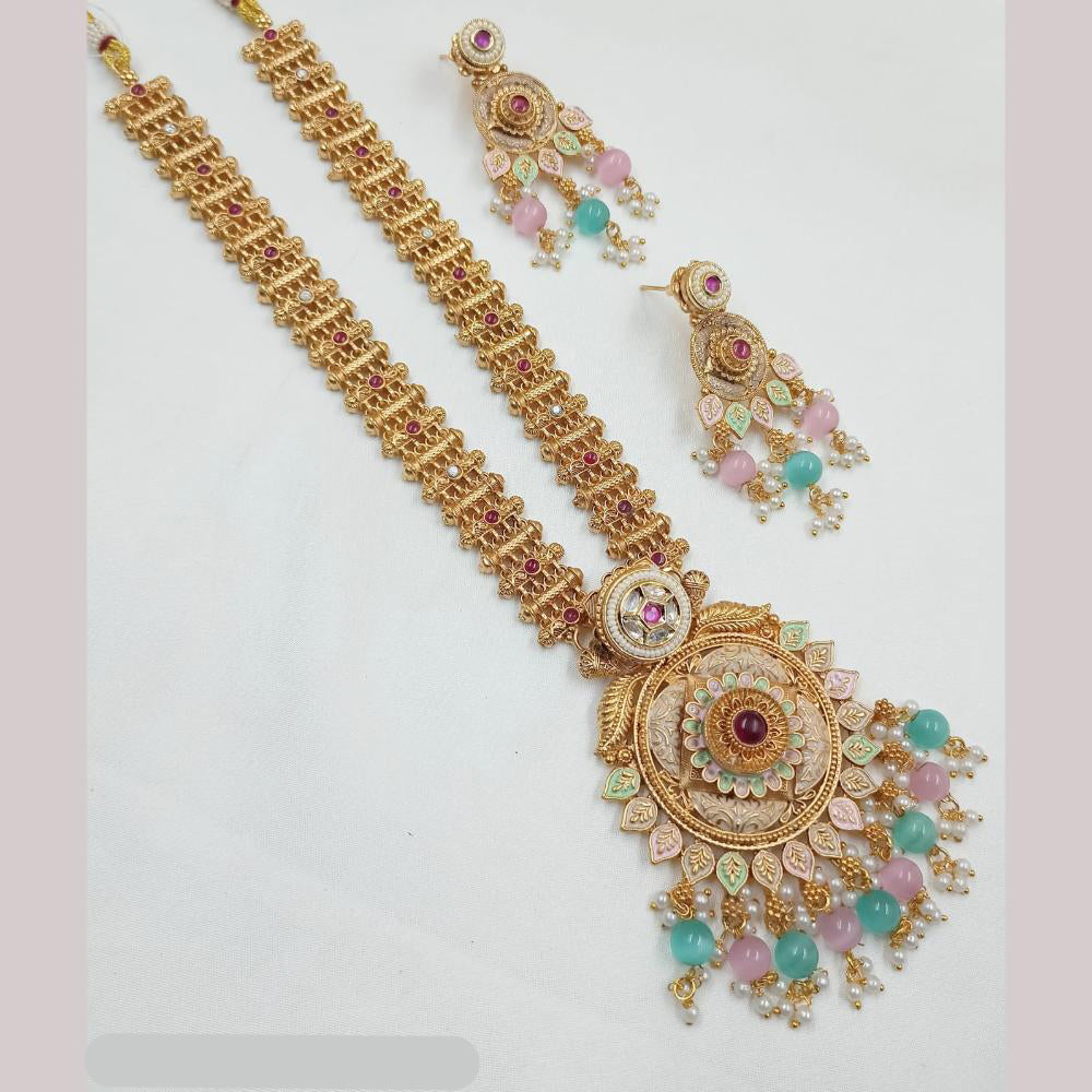 NAFJ Gold Plated Pota Stone And Beads Meenakari Long Necklace Set