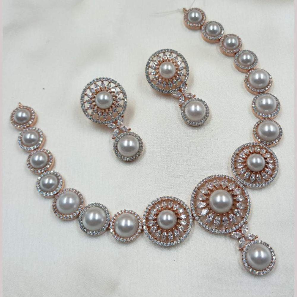 NAFJ 2 Tone Plated Austrian Stone And Pearl Necklace Set