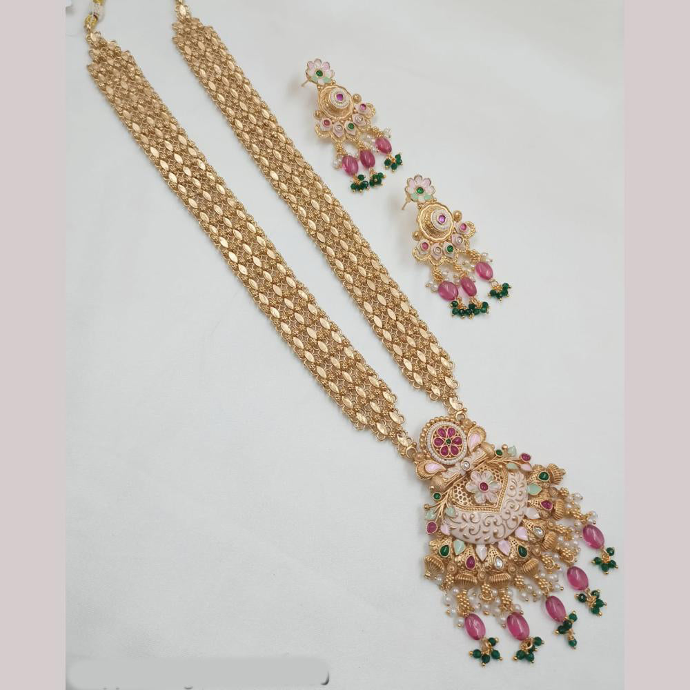 NAFJ Gold Plated Pota Stone And Beads Meenakari Long Necklace Set