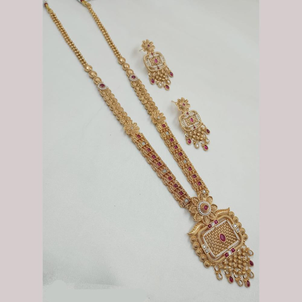 NAFJ Gold Plated Pota Stone And Pearl Long Necklace Set