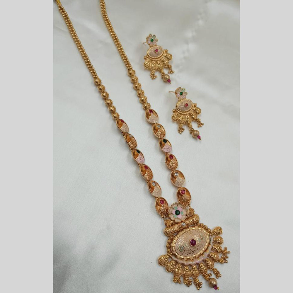 NAFJ Gold Plated Traditional Indian Pota Stones And Meenakari Art Long Necklace Set