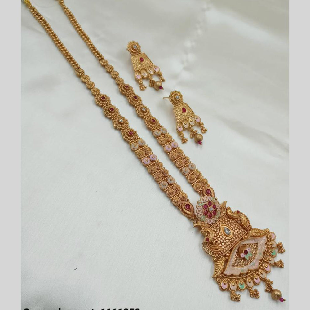 NAFJ Gold Plated Traditional Indian Pota Stones And Meenakari Art Long Necklace Set