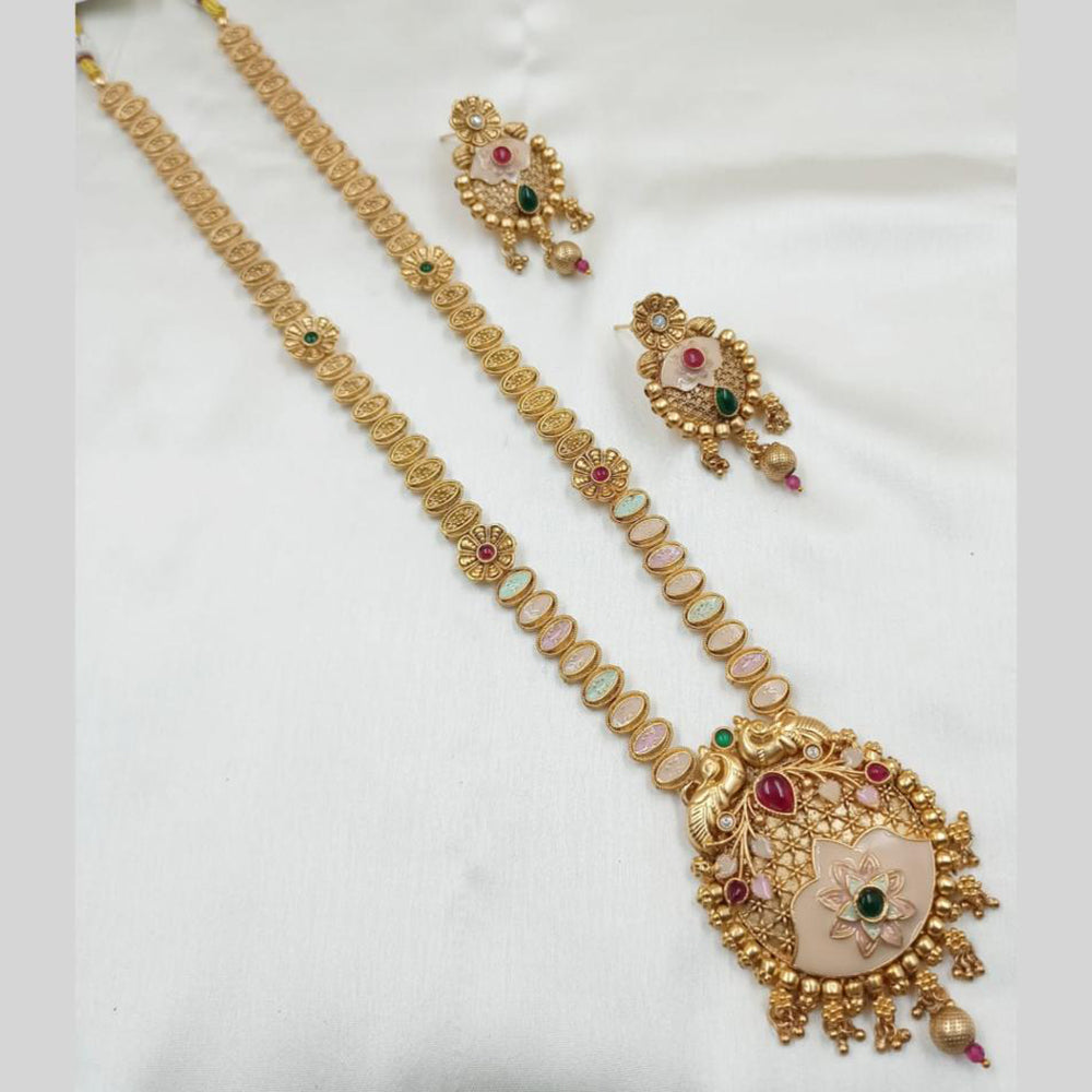 NAFJ Gold Plated Traditional Indian Pota Stones And Meenakari Art Long Necklace Set