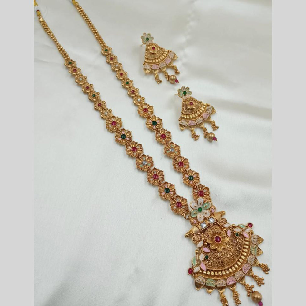 NAFJ Gold Plated Traditional Indian Pota Stones And Meenakari Art Long Necklace Set