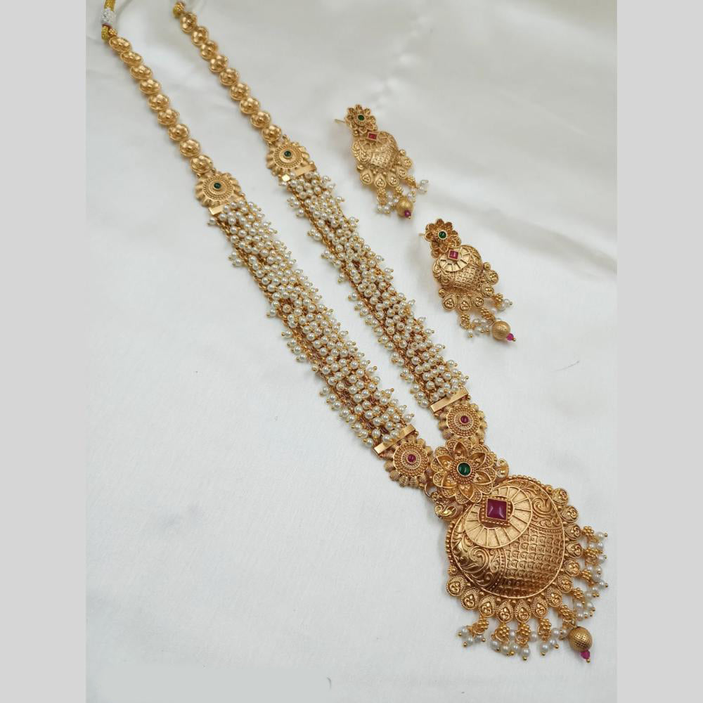 NAFJ Gold Plated Traditional Indian Pota Stones And Pearl Long Necklace Set
