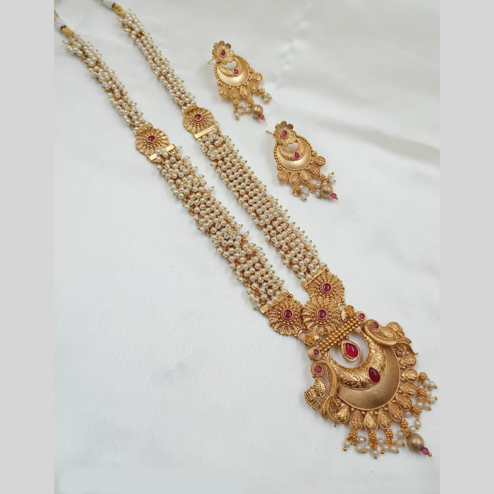 NAFJ Gold Plated Traditional Indian Pota Stones And Pearl Temple Long Necklace Set